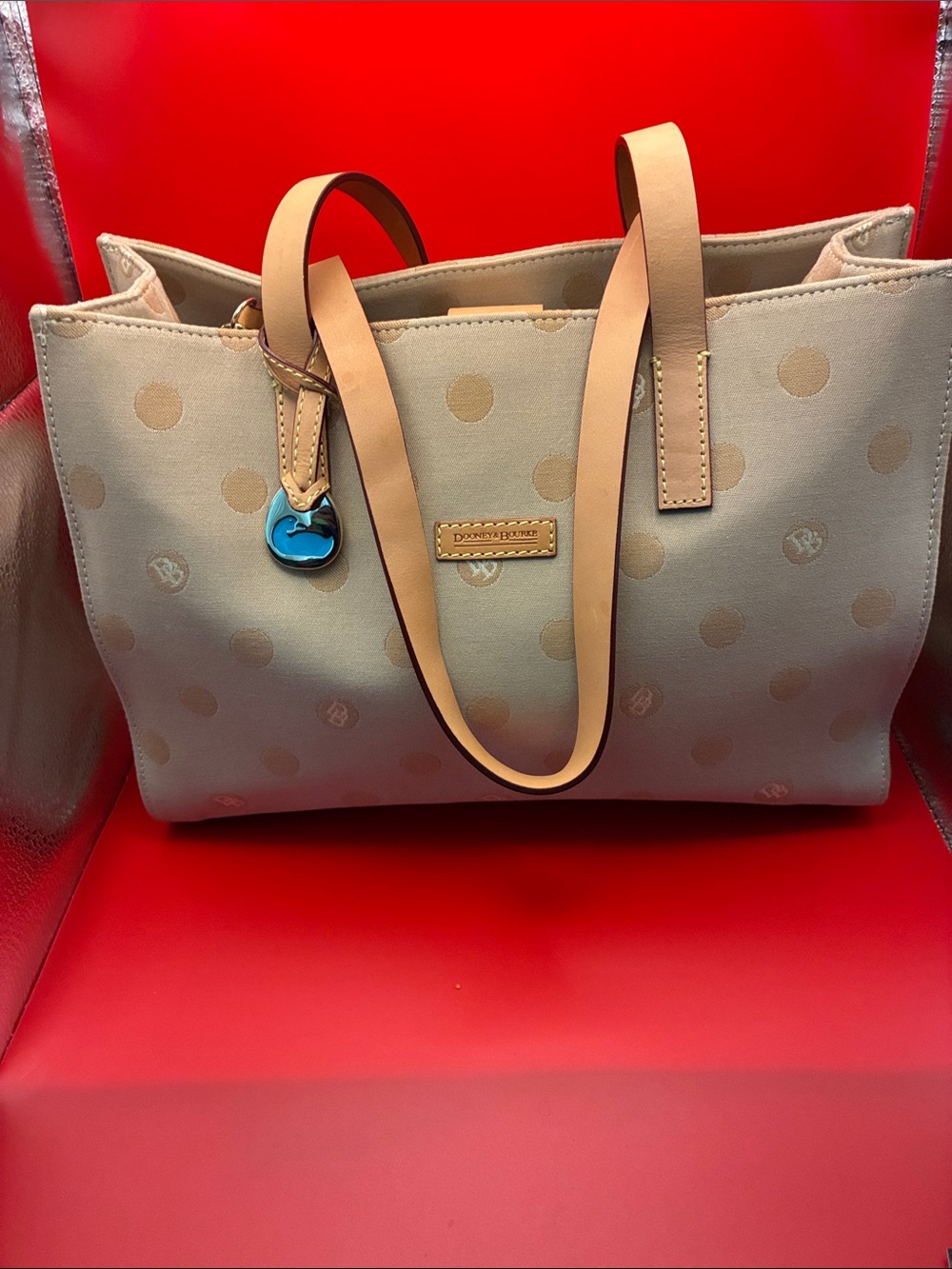 Dooney & Bourke Tan Polka Dot Canvas Tote with Leather Straps